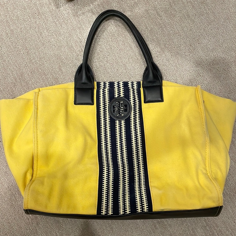 Tory Burch Yellow and navy blue tote bag